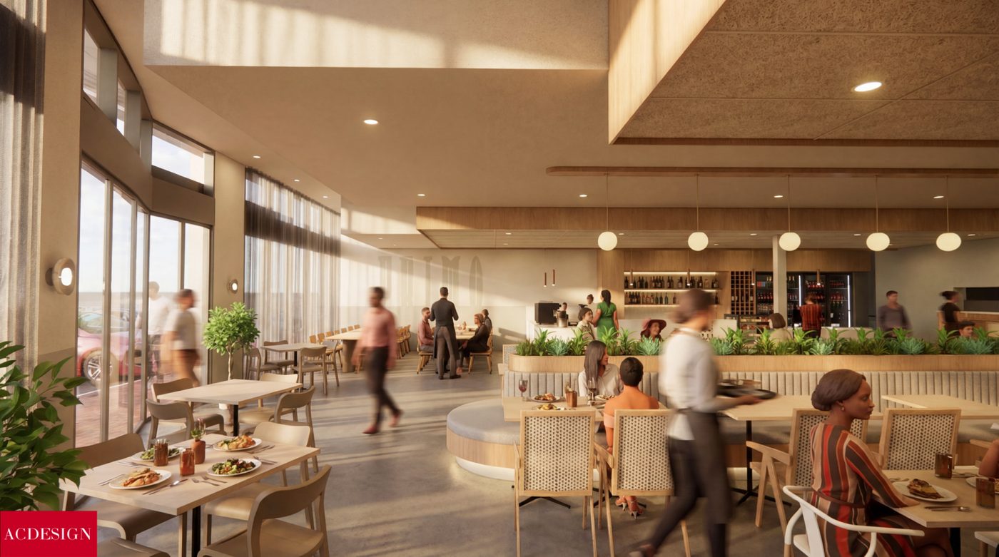 Sunlit dining hall with banquette seating and bar area