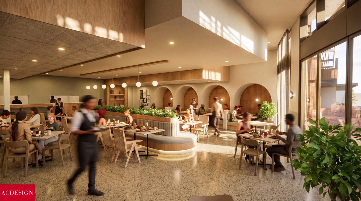 Arched booths with planters and pendant lighting