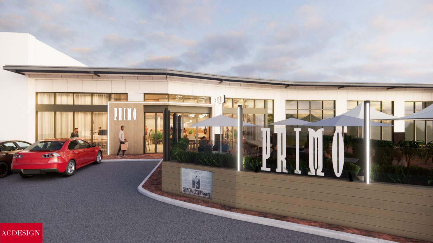Primo exterior signage at dusk